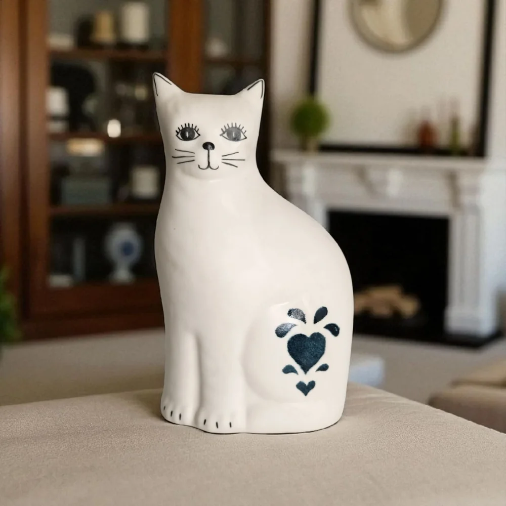Vintage Ceramic White Sitting Cat with Blue Heart Figurine Statue 9.5